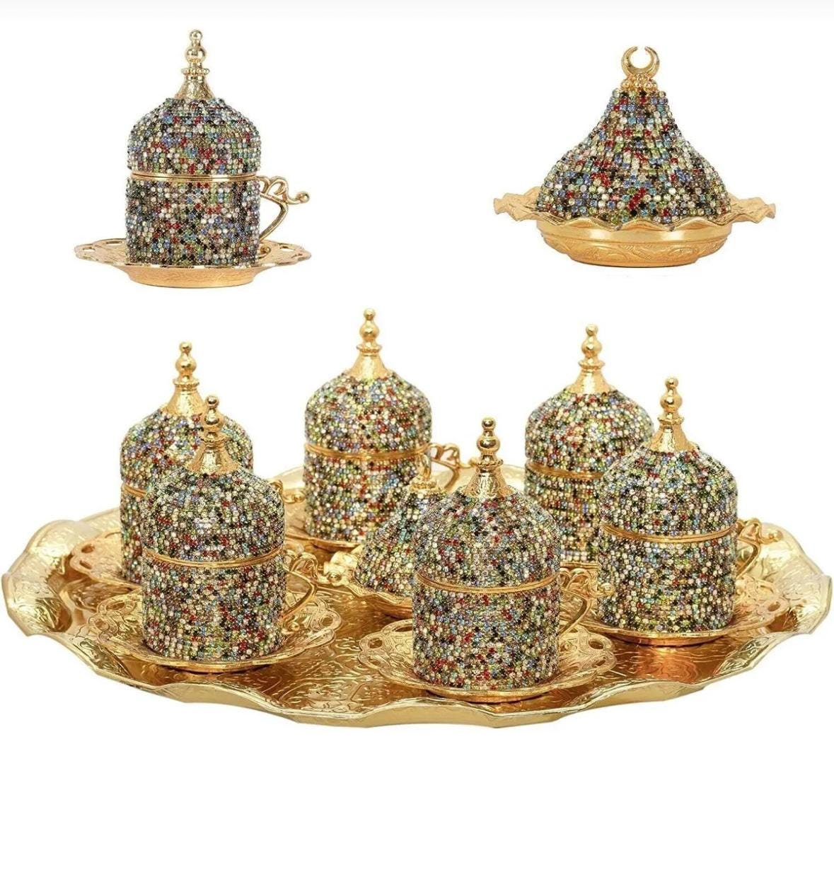 Turkish Luxury 8 Piece Coffee Cup Set | 138-A-K-11 Ottoman Style with Dervish Engravings - Silver
