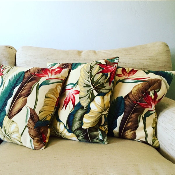 Vintage 1940s Tropical Bird of Paradise Barkcloth Throw Pillow Cases