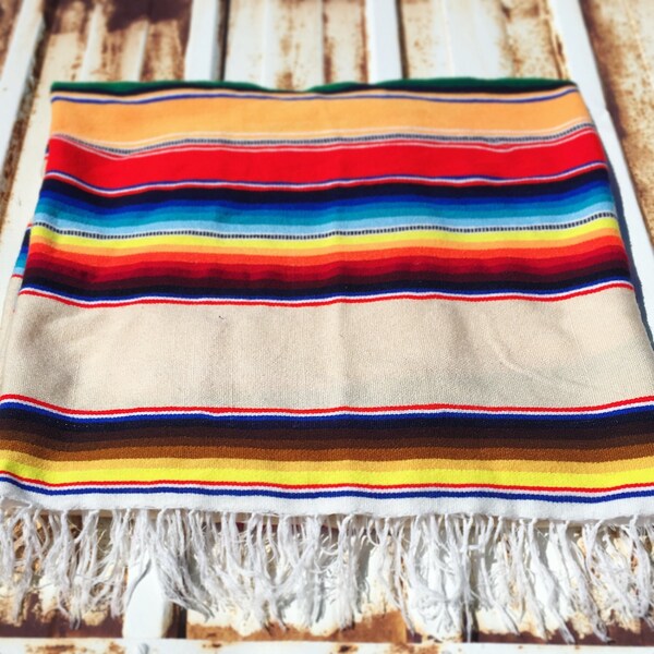 Vibrant Vintage 1960s Deadstock Wool & Silk Blend Mexican Blanket Serape Throw