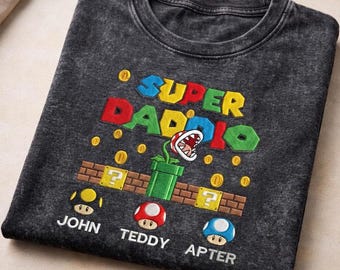 Custom Super Mario Dad Embroidered Mineral Wash Shirt, Super Daddio Personalized Kids Name Fathers Day Tee, Gamer Daddy Gift