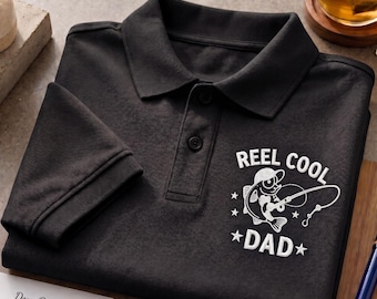 Reel Cool Dad Embroidered Polo Shirt, Fishing Lovers Shirt, Daddy Birthday Gift, Vintage Bass Fish Outdoors, Gift for Fathers Day