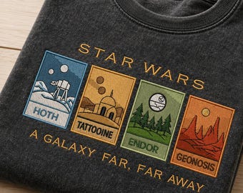 Star Wars Briefmarke gesticktes Mineral Wash Shirt, Galaxy Porto Patch Tee, Hoth Tatooine Endor Geonosis Shirt, Film Fan Geschenk