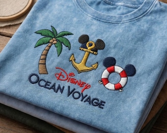 Disney Ocean Voyage Cruise Embroidered Mineral Wash Shirt, Mickey Minnie Donald Daisy Goofy Shirt,  Dream Magic Wonder Treasure Gift For Fan