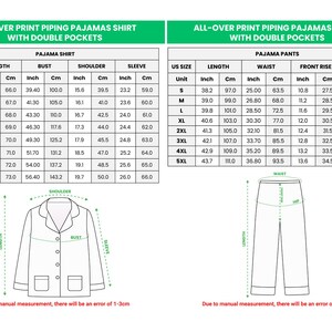 May include: Detailed chart for all-over print piping pajamas, including shirt and pants. Measurements are in inches and centimeters for length, bust, shoulder, sleeve, waist, front rise, and hip. The chart includes sizes S to 5XL.