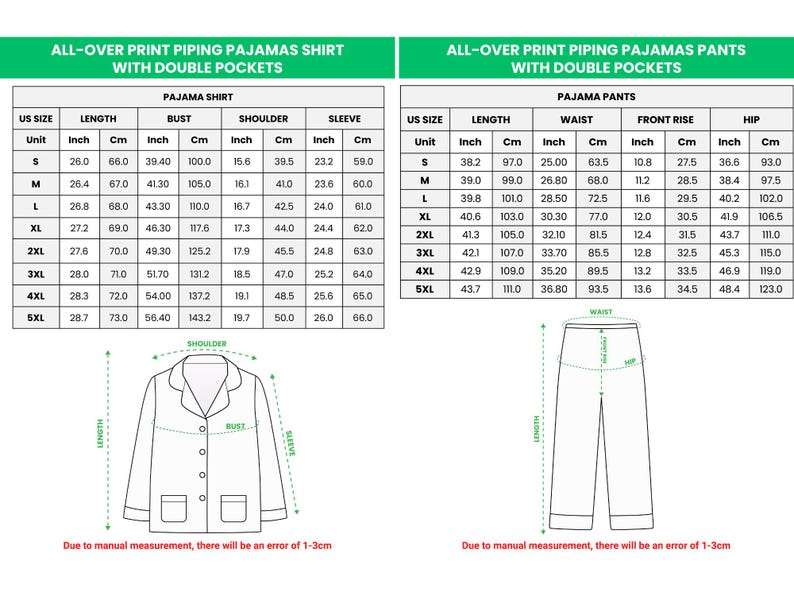 May include: Detailed chart for all-over print piping pajamas, including shirt and pants. Measurements are in inches and centimeters for length, bust, shoulder, sleeve, waist, front rise, and hip. The chart includes sizes S to 5XL.