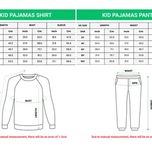 May include: Size chart for kid's pajama shirts and pants. Measurements are in inches and centimeters. The shirt chart includes length, bust, and sleeve measurements. The pants chart includes length, waist, and hips.