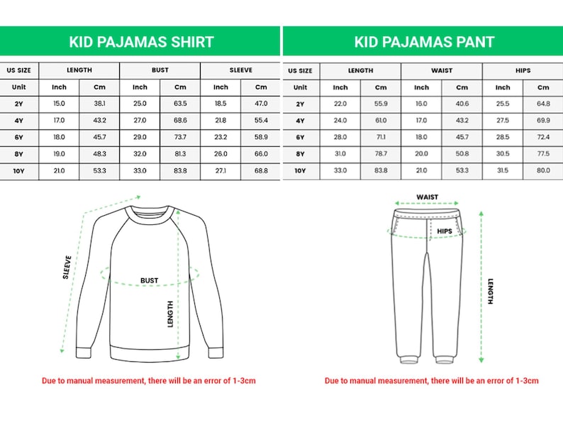 May include: Size chart for kid's pajama shirts and pants. Measurements are in inches and centimeters. The shirt chart includes length, bust, and sleeve measurements. The pants chart includes length, waist, and hips.