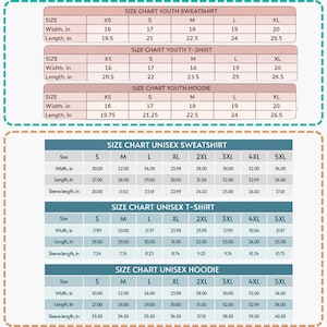 May include: A comprehensive size chart for youth and unisex apparel, including sweatshirts, t-shirts, and hoodies. The youth section lists widths and lengths in inches for sizes XS to XL. The unisex section provides width, length, and sleeve length in inches for sizes S to 5XL.