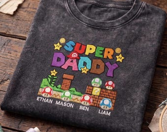 Custom Super Daddy Mario Embroidered Mineral Wash Shirt, Super Daddio Personalized Kids Name Fathers Day Tee, Gamer Mario Gift