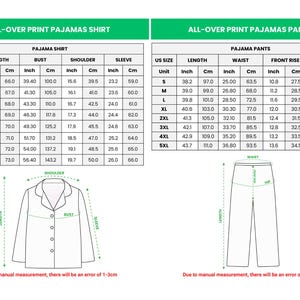 May include: Detailed size charts for all-over print pajamas, including shirt and pants measurements. The charts show US sizes with measurements in inches and centimeters for length, bust, shoulder, sleeve, waist, front rise, and hip.