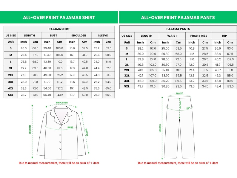 May include: Detailed size charts for all-over print pajamas, including shirt and pants measurements. The charts show US sizes with measurements in inches and centimeters for length, bust, shoulder, sleeve, waist, front rise, and hip.