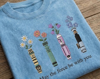 Star Wars Embroidered Mineral Wash Shirt, Floral Lightsaber Vintage Tee, Galaxy Aesthetic Shirt, Sci Fi Movie Gift for Her