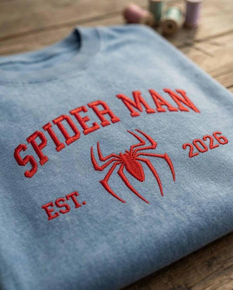May include: A light blue crewneck sweatshirt featuring red embroidered text that reads SPIDER MAN EST. 2026, centered with a red embroidered spider icon. The fabric has a washed, textured appearance, and the design is stitched directly onto the front.