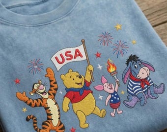 Patriotic Pooh And Friends Embroidered Mineral Wash Shirt, Disney 250th Anniversary Tee, 4th Of July Magical Land, Independence Day Gift