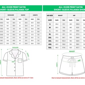 May include: Detailed size chart for an all-over print satin short-sleeve pajama top and shorts. Measurements are in inches and centimeters for bust, shoulder, sleeve, length, waist, and hip. Includes diagrams of the top and shorts.