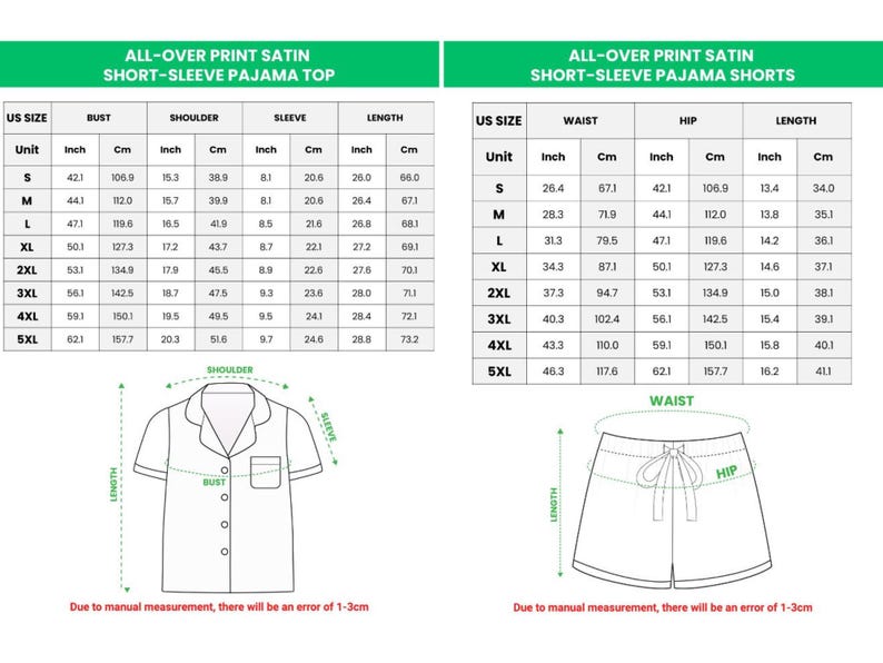 May include: Detailed size chart for an all-over print satin short-sleeve pajama top and shorts. Measurements are in inches and centimeters for bust, shoulder, sleeve, length, waist, and hip. Includes diagrams of the top and shorts.