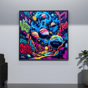 May include: A colorful abstract painting with a space theme. The painting features planets, stars, and graffiti-style text, including the words "Trust Me" and "Love Me".