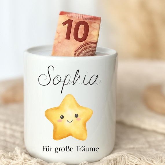 Personalisierte Kinder Spardose mit Namen–Geldgeschenk zur Taufe, Geburt & Geburtstag, Kommunion, Taufgeschenk, Geschenk für Baby und Kinder