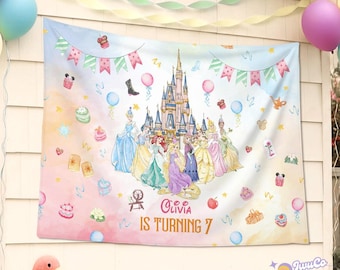 Personalized Disney Princess Birthday Girl Wall Tapestries, Disney Prince Birthday Boy Party Backdrop, Kids Baby Birthday Banner Home Decor