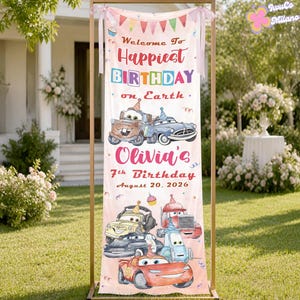 Personalized Disney Cars Birthday Welcome Banner, Lightning McQueen Mater Family Birthday Party Welcome Sign Outdoor Ceremony Backdrop Decor afbeelding 1