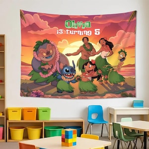 May include: A colorful tapestry featuring a tropical scene with cartoon characters, including Stitch and Lilo, with the text "Olivia is turning 5". The background shows a sunset over the ocean, with palm trees and cartoon characters in hula skirts.