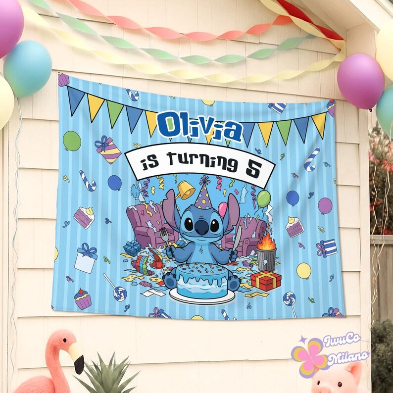 May include: A blue birthday banner with the text "Olivia is turning 5" and a cartoon character holding a fork and knife in front of a cake. The banner has a light blue background with vertical stripes and colorful party decorations.
