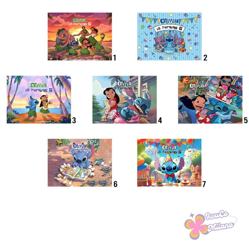 May include: A collection of colorful birthday-themed illustrations featuring the character Stitch from the animated film Lilo & Stitch. Each image includes the text "Olivia is turning 5". The images depict Stitch in various celebratory scenes.
