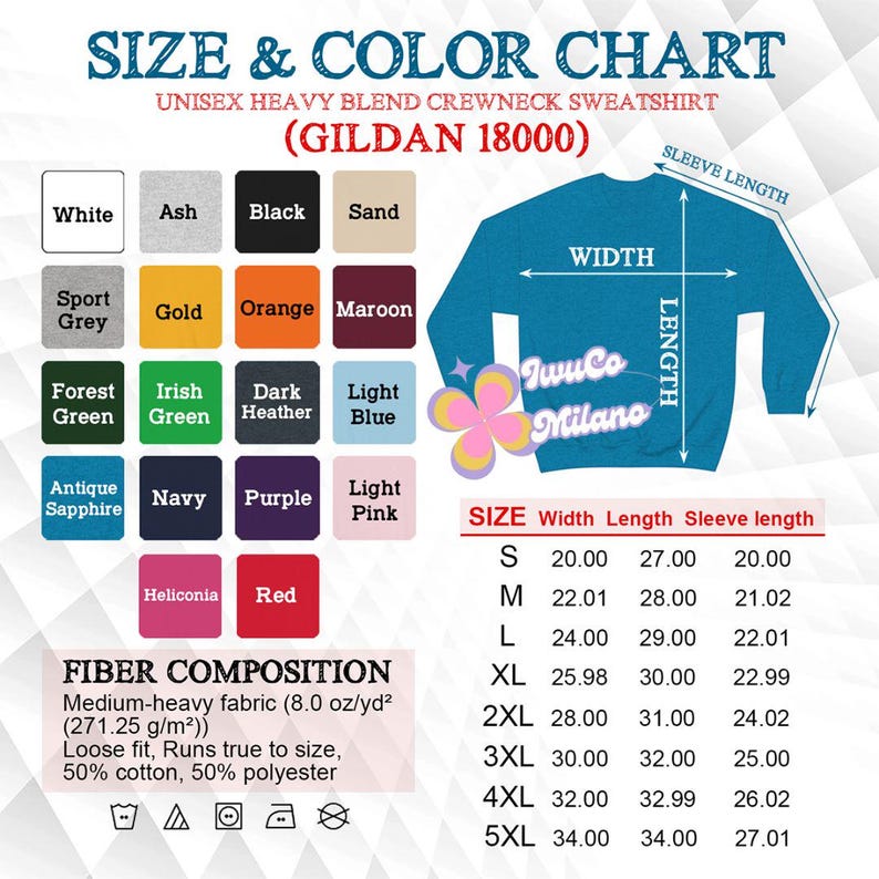 May include: Size and color chart for a unisex heavy blend crewneck sweatshirt. The chart includes a color palette with options like white, black, and navy. It also shows measurements for width, length, and sleeve length in inches for sizes S to 5XL.