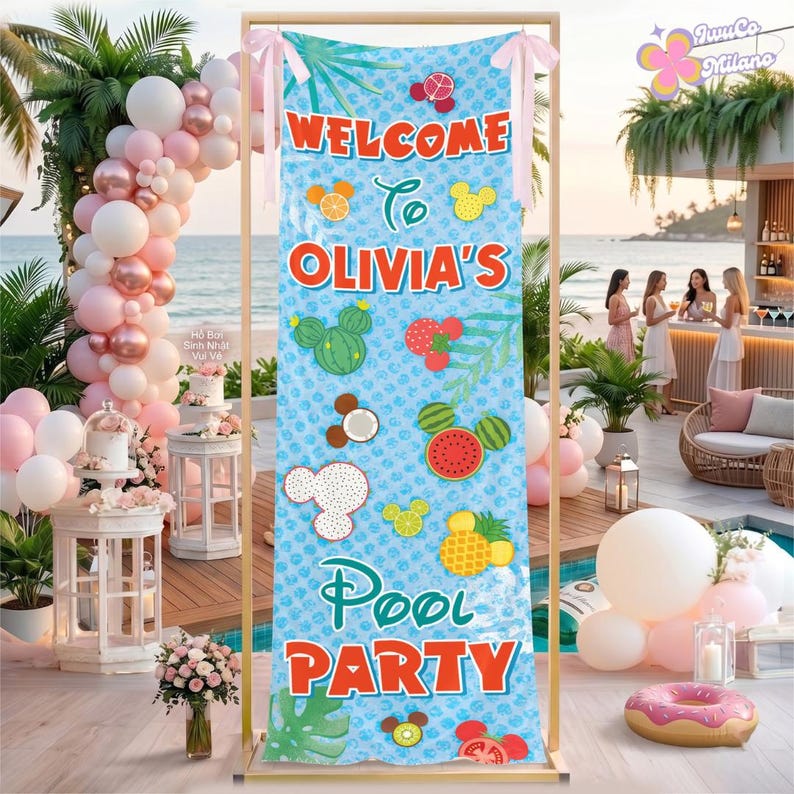 May include: A vertical rectangular banner with a light blue water-patterned background, featuring the text 'WELCOME TO OLIVIA'S POOL PARTY' in orange and teal. The design includes various fruit-shaped icons with mouse-ear silhouettes.
