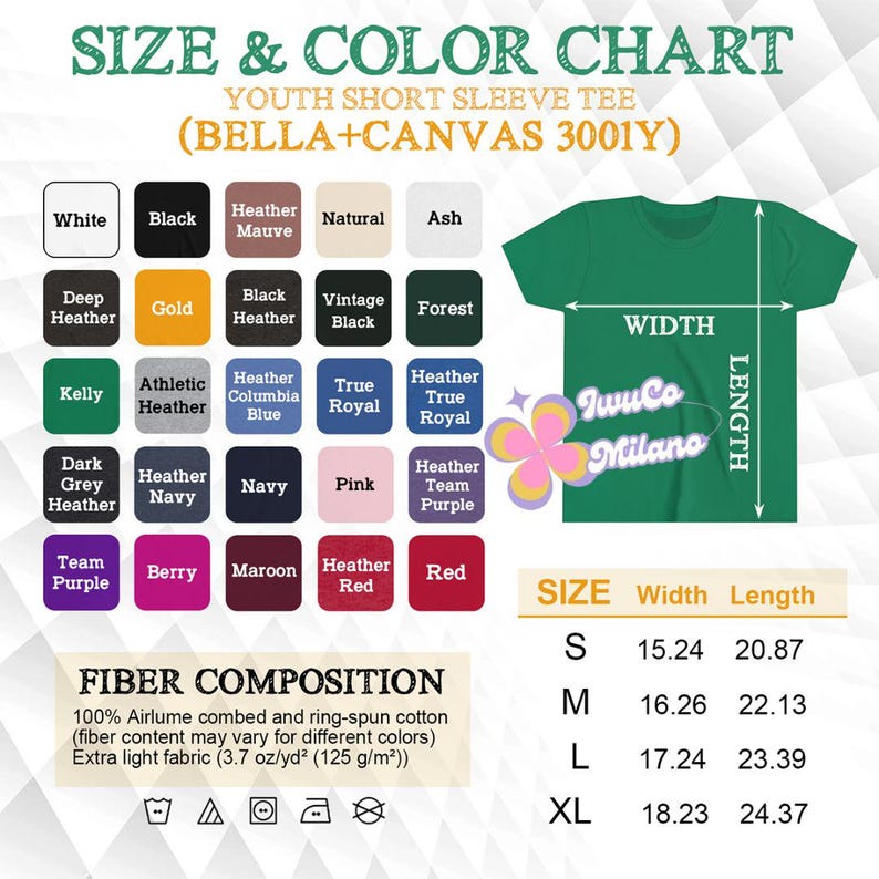 May include: A size and color chart for a youth short sleeve tee shirt. The chart includes a color palette with options like white, black, and navy. The tee shirt measurements are provided in inches for sizes S, M, L, and XL.
