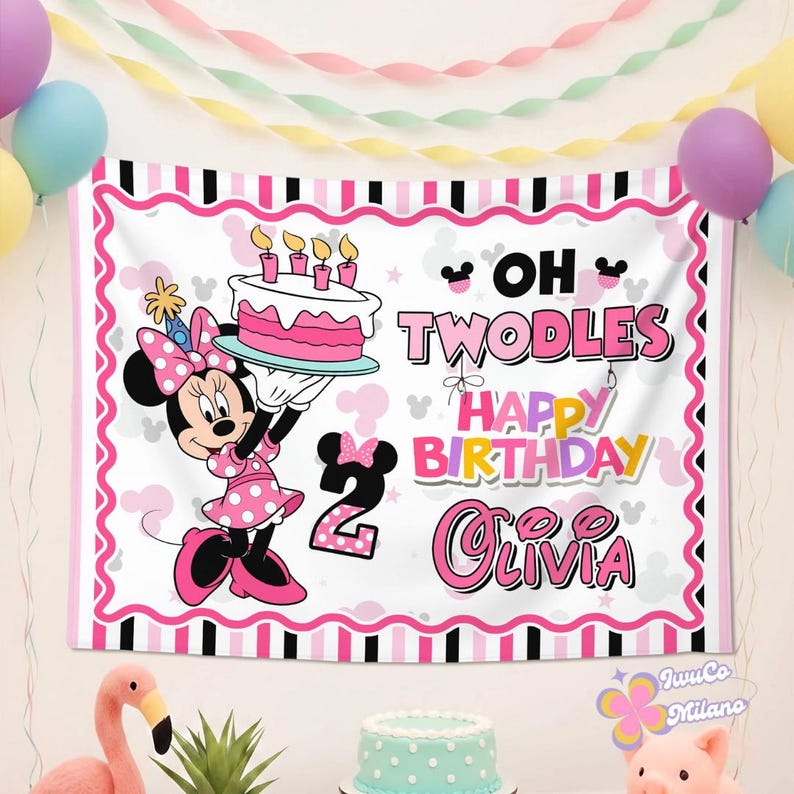 May include: A rectangular birthday banner featuring a cartoon mouse in a pink polka dot dress holding a cake with four candles. The text reads OH TWODLES HAPPY BIRTHDAY OLIVIA with a large number 2. The border is pink, white, and black stripes.