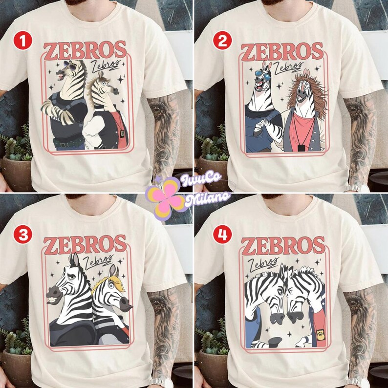 May include: Cream-colored t-shirts featuring the word "ZEBROS" in a retro font, each with a different cartoon zebra design inside a red frame. The designs include zebras in various outfits and poses.