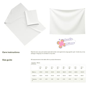 May include: White fabric items, including a folded blanket and a hanging tapestry, are displayed. The image includes care instructions and a size guide with measurements in inches. The JuuCo Milano logo is also visible.