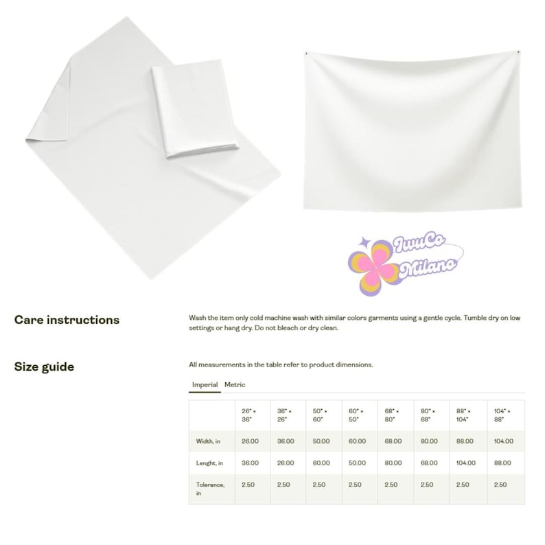 May include: White fabric items, including a folded blanket and a hanging tapestry, are displayed. The image includes care instructions and a size guide with measurements in inches. The JuuCo Milano logo is also visible.