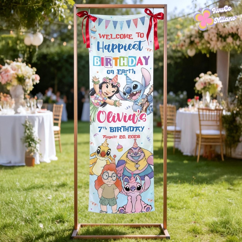 Personalized Disney Lilo & Stitch Birthday Welcome Banner, Stitch Birthday Family Party Welcome Sign Outdoor Ceremony Backdrop Home Decor image 5