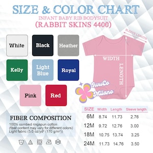 May include: Size and color chart for infant baby rib bodysuits. Colors include white, black, heather, kelly, light blue, royal, pink, and red. The chart also includes measurements for width, length, and sleeve length for sizes 6M, 12M, 18M, and 24M.