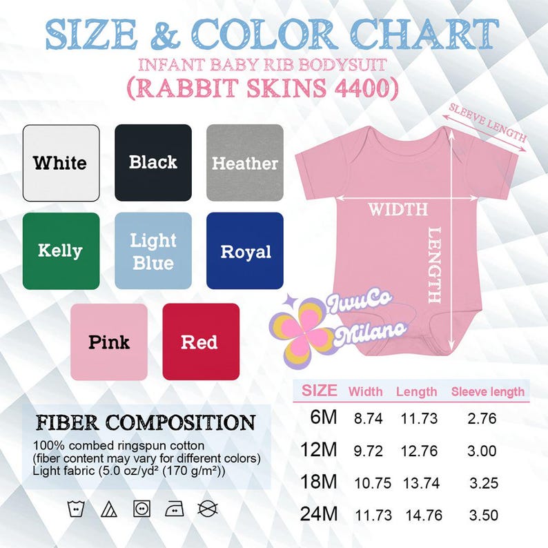 May include: Size and color chart for infant baby rib bodysuits. Colors include white, black, heather, kelly, light blue, royal, pink, and red. The chart also includes measurements for width, length, and sleeve length for sizes 6M, 12M, 18M, and 24M.