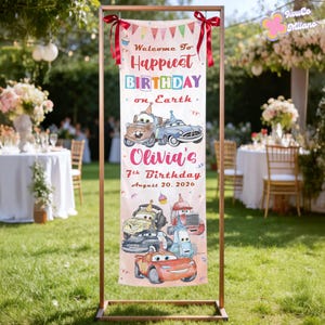 Personalized Disney Cars Birthday Welcome Banner, Lightning McQueen Mater Family Birthday Party Welcome Sign Outdoor Ceremony Backdrop Decor afbeelding 3