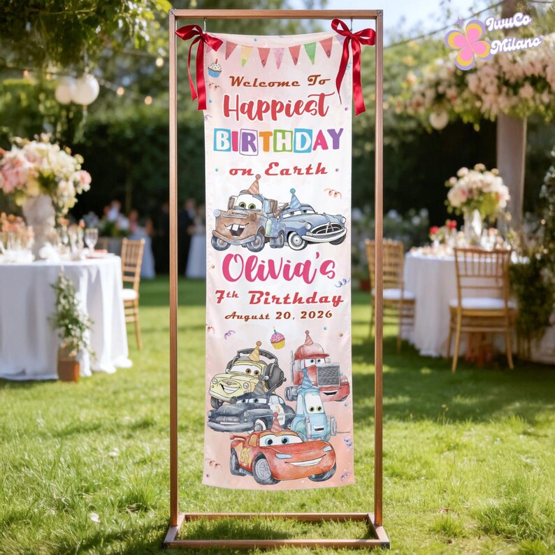 Personalized Disney Cars Birthday Welcome Banner, Lightning McQueen Mater Family Birthday Party Welcome Sign Outdoor Ceremony Backdrop Decor afbeelding 3