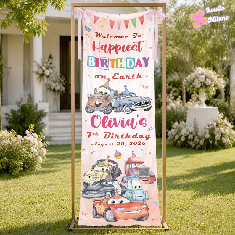 Personalized Disney Cars Birthday Welcome Banner, Lightning McQueen Mater Family Birthday Party Welcome Sign Outdoor Ceremony Backdrop Decor afbeelding 1