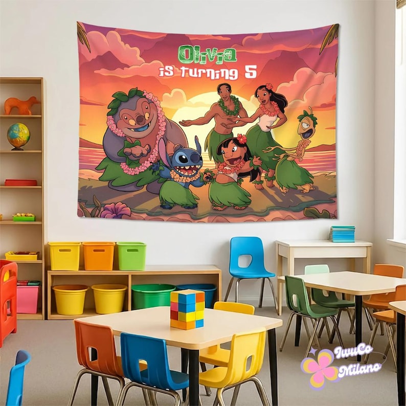 May include: A colorful tapestry featuring a tropical scene with cartoon characters, including Stitch and Lilo, with the text "Olivia is turning 5". The background shows a sunset over the ocean, with palm trees and cartoon characters in hula skirts.