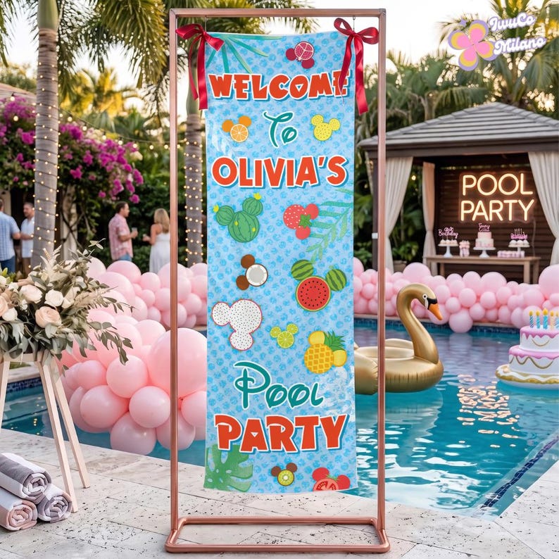 May include: A vertical rectangular banner suspended from a copper-colored metal frame. The banner features a light blue background with a repeating pattern of fruit-shaped icons and the text WELCOME TO OLIVIA'S POOL PARTY in red letters.