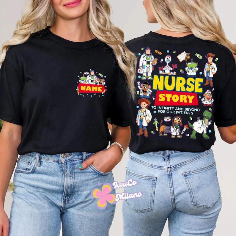 May include: Black t-shirt featuring a colorful graphic with the text "NURSE STORY" and various cartoon characters dressed as medical professionals. The front of the shirt has a smaller graphic with the word "NAME".