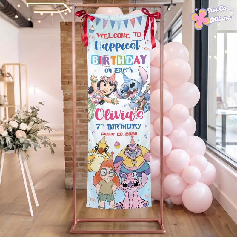 May include: A vertical rectangular birthday banner featuring Lilo and Stitch characters, with the text Welcome to Happiest Birthday on Earth, Olivia's 7th Birthday, and August 20, 2026. The banner is suspended by red ribbons on a copper metal frame.
