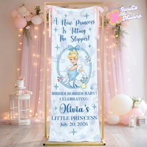 May include: A white banner with a Cinderella theme, featuring the text "A New Princess Is Fitting The Slipper!" and "Olivia's Little Princess July 20, 2026." The banner has a gold frame and is decorated with pink bows and balloons.