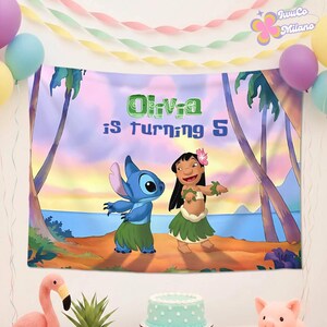 May include: A colorful birthday banner featuring the characters Stitch and Lilo from the Disney movie Lilo & Stitch. The banner reads "Olivia is turning 5" in green lettering, set against a tropical beach scene with palm trees and a sunset.