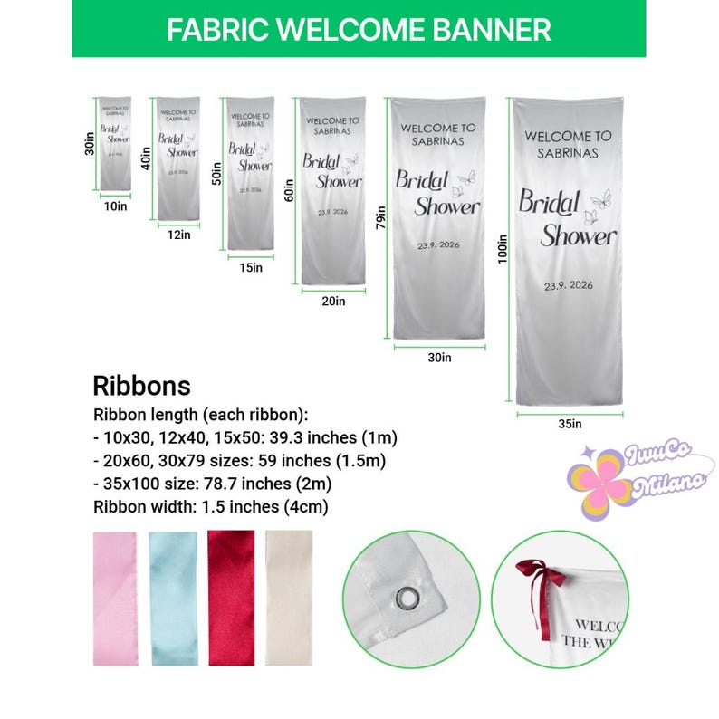 May include: Fabric welcome banner with dimensions ranging from 10x30 inches to 35x100 inches. The banners are white with the text "Welcome to Sabrinas Bridal Shower" and the date 23.9.2026. Also shown are pink, blue, red, and cream ribbons.