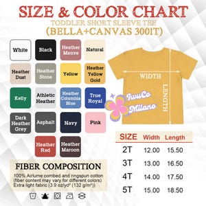 May include: Size and color chart for toddler short sleeve tees. Includes color swatches in various shades like white, black, and pink. The chart also shows measurements for sizes 2T to 5T, with widths ranging from 12.00 to 15.00 inches and lengths from 15.50 to 18.50 inches.