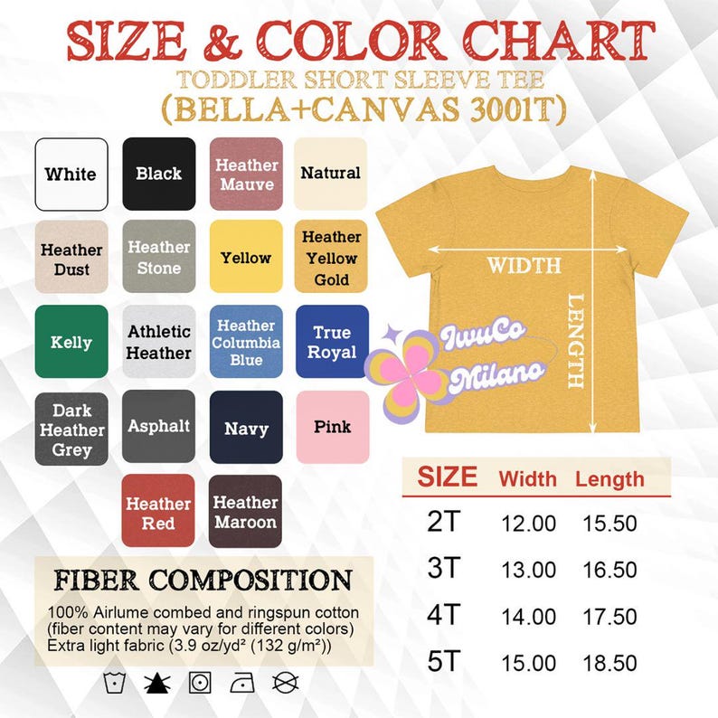 May include: Size and color chart for toddler short sleeve tees. Includes color swatches in various shades like white, black, and pink. The chart also shows measurements for sizes 2T to 5T, with widths ranging from 12.00 to 15.00 inches and lengths from 15.50 to 18.50 inches.