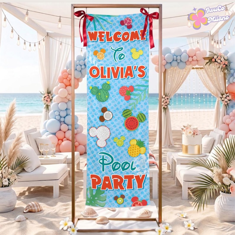 Personalized Disney Summer Beach Pool Party Welcome Banner, Mickey Mouse Family Summer Party Welcome Sign Outdoor Ceremony Backdrop Decor image 7